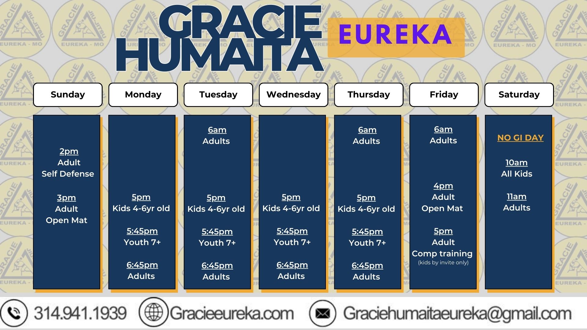 Morning Classes 11:30AM Monday, Thursday; Kids at 5:30PM Monday-Thursday; Evening Fundamentals 6PM Monday-Thursday; Kids 9:30AM Saturday; Adults 10:30AM Saturday